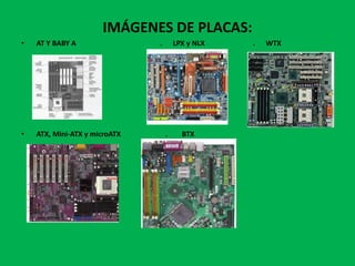 IMÁGENES DE PLACAS:
•   AT Y BABY A                .       LPX y NLX   .   WTX




•   ATX, Mini-ATX y microATX       .     BTX
 