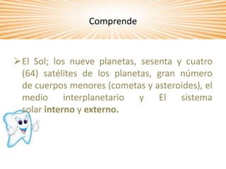 Comprende
El Sol; los nueve planetas, sesenta y cuatro
(64) satélites de los planetas, gran número
de cuerpos menores (cometas y asteroides), el
medio interplanetario y El sistema
solar interno y externo.
 