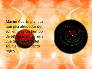 Marte: Cuarto planeta
que gira alrededor del
sol, emplea un tiempo
de 687 días en dar una
vuelta alrededor del
sol, tiene un aspecto
rojizo.
 