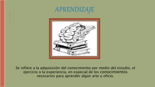 APRENDIZAJE
Se refiere a la adquisición del conocimiento por medio del estudio, el
ejercicio o la experiencia, en especial de los conocimientos
necesarios para aprender algún arte u oficio.
 