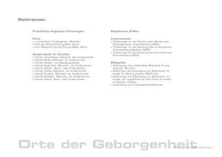 Referenzen


     Projektliste Angelique Furtwängler                      Projektliste DrNice

     Kitas                                                   Farbkonzepte
     > „Lummerland“ Kindergarten, München                    > Farbkonzept für den Neubau einer Mensa einer
     > Hort der Schule Phorms-Mitte, Berlin                    Ganztagsschule, Schmallenberg (NRW)
     > Hort Reception Schule Phorms-Mitte, Berlin            > Farbkonzept für die Sanierung des Kindergartens
                                                               Schmallenberg-Westfeld (NRW)
                                                             > Farbkonzept für die Sanierung des Schulzentrums
     Kinderräume für Familien                                  Schmallenberg (NRW)
     >   Familie   Jörg Pilawa, Hamburg‚ drei Kinderzimmer
     >   Familie   Hinter München, ein Kinderzimmer
     >   Familie   Hesserl, ein Wasserspielplatz             Bildwelten
     >   Familie   Ruge-Huck, München, ein Kinderzimmer      > Anfertigung eine individuellen Bildmotivs für die
     >   Familie   Wendt , Berlin, zwei Kinderzimmer           City-Kita, München
     >   Familie   Kottke, München, ein Kinderzimmer         > Bildkonzept und Anfertigung von Bildmotiven für
     >   Familie   Fontana, München, ein Kinderzimmer          Kinder für Berlins grösste HNO-Praxis
     >   Familie   Mouktari, München, ein Kinderzimmer       > Bildkonzept und Anfertigung von Bildmotiven für
     >   Familie   Wendt, Berlin, zwei Kinderzimmer            Kinder und Jugendliche für eine Praxis für Kiefer-
                                                               orthopädie, Koblenz
                                                             > Entwicklung von Kindertapetenkollektionen




Orte der Geborgenheit                                                                                               DrNice – Lebenswelten&Konzepte
 