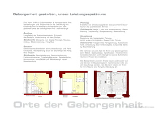 Geborgenheit gestalten, unser Leistungsspektrum:

       Das Team DrNice - Lebenswelten & Konzepte setzt Ihre                                                                                                              Planung
       Vorstellungen und Ansprüche für die Gestaltung von                                                                                                                Erstellen von Umsetzungsplänen des gesamten Entwur-
       Kinderräumen in erlebbare Sinnesräume um. Wir                                                                                                                     fes für die ausführenden Firmen
       gestalten Orte der Geborgenheit mit Lebensenergie.
                                                                                                                                                                         Stichworte Design, Licht- und Akustikplanung, Raum-
                                                                                                                                                                         Planung, Zeitplanung, Budgetplanung, Bemusterung
       Analyse
       Feststellen der Ausgangssituation, Ermitteln
                                                                                                                                                                         Umsetzung
       des Bedarfs, Abstimmung mit dem Budget
                                                                                                                                                                         Begleitung der festgelegten Planung
       Stichworte Wünsche zum Design Konzept, Neubau,                                                                                                                    durch unsere Architekten, Auswahl der Firmen
       Umbau, Modernisierung, Feng Shui
                                                                                                                                                                         Stichworte Fristgerechte Fertigstellung, Kostenkont-
                                                                                                                                                                         rolle, Umsetzung des Farbkonzeptes, Corporate Identi-
       Entwurf                                                                                                                                                           ty, Beschilderung
       Gemeinsames Erarbeiten eines Gestaltungs- und Farb-
       konzeptes, Raumplanung auch auf Grundlage des Feng                                                                                                                Wir nehmen uns viel Zeit mit Ihnen und planen gemein-
       Shui möglich                                                                                                                                                      sam Möbel, Spielpodeste, Spielhäuser, Kinderzimmer,
       Stichworte Raumgliederung, Raumorientierung,                                                                                                                      komplette Schulen und Kindergärten sowie Aufenthalts-
       Farbkombinationen, Empfangsbereiche, Spielbereiche,                                                                                                               räume in Praxen bis ins Detail.
       Schulzimmer, neue Möbel und Möbeldesign, neuer
       Gesamtauftritt                                                                                                                                                    Alle Bestandteile unserer Arbeit bauen aufeinander auf
                                                                                                                                                                         und können im Bausteinsystem, nacheinander oder ein-
                                                                                                                                                                         zeln beauftragt werden. Auf Wunsch bieten wir Ihnen
                                                                                                                                                                         für ihre Räume eine Fengshui Beratung an.


                                                                                                                                                                                                                                                                                                     Garderobe




                                                                                                                                         gespanntes Netz
                                           gespanntes Netz




                                                                                                                                                                                                                                                                                                     Kinderzimmer




                                                                                                                                                                                                                   Schrank
                                                                                                                                                                                                         Schrank




                                                                                                                                                                                                                                                                                                                                         Schrank
                                                                                                                                                                                                                                         Türtafel
                                                                                                                                                                                                                                                                              Türtafel
                                                              92
                                      92




                                                                                                                                         evtl.                     Hochbett
                                           evtl.




                                                                                                                                                                                                                                                    mit Baldachin
                                                                                                                                                                                                                                                    Frederick
                                                                                                                                                                                                                                                    Babybett
                                                                  1,72




                                                                                                                                                                                     Ablage




                                                                                                                                                                                                                                                                                                                    Spielkisten/Regale
                                                                                                                                                                   Bettrücken




                                                                                                                                                                                                                                                                                                                    Unter der Treppe
                                                                                                                                                 62
                                      62




                                                                                                                                                                                                                                                                          Licht
                                                             80




                                                                                                                                                                                40
                                                                                                                                                                                                                                                                                               Malen




                                                                                                                                                                                                                             Spielkisten/Regale
                                                                                                                                                                                      3
            3




                                                                                                                                                                                                                                                                                               Basteln




                                                                                                                                                                                                                             Unter der Treppe
                                                                                                                   Duchgang zum




                                                                                                                                                                                                                                                    Wickeltisch
                                                                                                                   Nebenzimmer




                                                                                                                                                                                                                                                                                  Hängelampe
                                                                                                                                                                                      12
            12




                                                                                                                                                                                                                                                                  Licht




                                                                                                                                                                                                                                                                                  Decken
                                                                                                                                                                                      3
            3




                                                                                                                                                                                              3,85
                                                                            So oder ähnlich
     3,85




                       Lichtauslass                                         Geländer als geformte
                                                                  2,13




                       + 2,21 üFFB                                          Wandscheibe


                                                                                                                                                           Regal


                                                                                                                                                                                                              Treppe                                                                                                                     Treppe
                        2,21




                                                                                                                                                                                      2,13
            2,13
               2,10
               Tür




                                       Unter der Treppe
                          Schrank      Spielkisten/Regale                                                     30   Bank
                                                                                                         30
                                                                                                    21




                   Ansicht Leo´s Treppe                                                                            Blick durch
                                                                         Unter der Treppe
                                                                         Spielkisten/Regale
                                                                                                                   Schiebetür     Leo Maltisch

                                                                                                                                                                                                     Grundriss eines Kinderzimmes für zwei Kinder mit Hochbetten




Orte der Geborgenheit                                                                                                                                                                                                                                                                                                                              DrNice – Lebenswelten&Konzepte
 