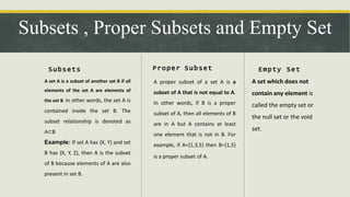 Subsets , Proper Subsets and Empty Set
Subsets
A set A is a subset of another set B if all
elements of the set A are elements of
the set B. In other words, the set A is
contained inside the set B. The
subset relationship is denoted as
A⊂B
Example: If set A has {X, Y} and set
B has {X, Y, Z}, then A is the subset
of B because elements of A are also
present in set B.
Proper Subset
A proper subset of a set A is a
subset of A that is not equal to A.
In other words, if B is a proper
subset of A, then all elements of B
are in A but A contains at least
one element that is not in B. For
example, if A={1,3,5} then B={1,5}
is a proper subset of A.
Empty Set
A set which does not
contain any element is
called the empty set or
the null set or the void
set.
 