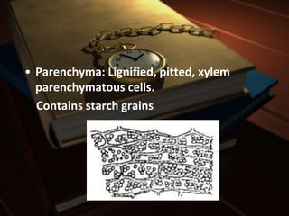• Parenchyma: Lignified, pitted, xylem
parenchymatous cells.
Contains starch grains
 