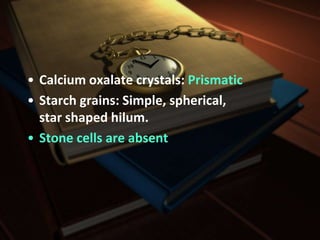 • Calcium oxalate crystals: Prismatic
• Starch grains: Simple, spherical,
star shaped hilum.
• Stone cells are absent
 