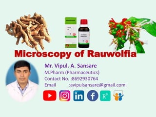 Mr. Vipul. A. Sansare
M.Pharm (Pharmaceutics)
Contact No. :8692930764
Email :avipulsansare@gmail.com
Microscopy of Rauwolfia
 