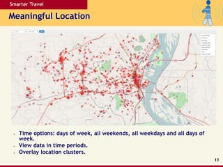 Smarter Travel
Meaningful Location
13
• Time options: days of week, all weekends, all weekdays and all days of
week.
• View data in time periods.
• Overlay location clusters.
 