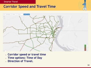 Smarter Travel
Corridor Speed and Travel Time
14
• Corridor speed or travel time
• Time options: Time of Day
• Direction of Travel.
 