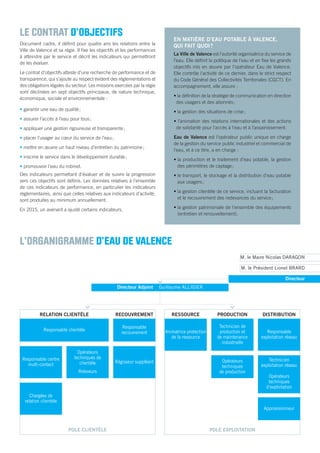 POLE CLIENTÈLE POLE EXPLOITATION
M. le Maire Nicolas DARAGON
M. le Président Lionel BRARD
Directeur
Directeur Adjoint Guillaume ALLIGIER
RELATION CLIENTÈLE
Responsable clientèle
Responsable centre
multi-contact
Chargées de
relation clientèle
Animatrice protection
de la ressource
RESSOURCE
Opérateurs
techniques de
clientèle
Releveurs
Technicien de
production et
de maintenance
industrielle
PRODUCTIONRECOUVREMENT
Responsable
recouvrement
Régisseur suppléant
Responsable
exploitation réseau
Technicien
exploitation réseau
Opérateurs
techniques
de production
Opérateurs
techniques
d’exploitation
Approvisionneur
DISTRIBUTION
LE CONTRAT D’OBJECTIFS
Document cadre, il déﬁnit pour quatre ans les relations entre la
Ville de Valence et sa régie. Il ﬁxe les objectifs et les performances
à atteindre par le service et décrit les indicateurs qui permettront
de les évaluer.
Le contrat d’objectifs atteste d’une recherche de performance et de
transparence, qui s’ajoute au respect évident des réglementations et
des obligations légales du secteur. Les missions exercées par la régie
sont déclinées en sept objectifs principaux, de nature technique,
économique, sociale et environnementale :
• garantir une eau de qualité;
• assurer l’accès à l’eau pour tous;
• appliquer une gestion rigoureuse et transparente;
• placer l’usager au cœur du service de l’eau;
• mettre en œuvre un haut niveau d’entretien du patrimoine;
• inscrire le service dans le développement durable;
• promouvoir l’eau du robinet.
Des indicateurs permettant d’évaluer et de suivre la progression
vers ces objectifs sont déﬁnis. Les données relatives à l’ensemble
de ces indicateurs de performance, en particulier les indicateurs
règlementaires, ainsi que celles relatives aux indicateurs d’activité,
sont produites au minimum annuellement.
En 2015, un avenant a ajusté certains indicateurs.
EN MATIÈRE D’EAU POTABLE À VALENCE,
QUI FAIT QUOI?
La Ville de Valence est l’autorité organisatrice du service de
l’eau. Elle déﬁnit la politique de l’eau et en ﬁxe les grands
objectifs mis en œuvre par l’opérateur Eau de Valence.
Elle contrôle l’activité de ce dernier, dans le strict respect
du Code Général des Collectivités Territoriales (CGCT). En
accompagnement, elle assure :
• la déﬁnition de la stratégie de communication en direction
des usagers et des abonnés;
• la gestion des situations de crise;
• l’animation des relations internationales et des actions
de solidarité pour l’accès à l’eau et à l’assainissement.
Eau de Valence est l’opérateur public unique en charge
de la gestion du service public industriel et commercial de
l’eau, et à ce titre, a en charge :
• la production et le traitement d’eau potable, la gestion
des périmètres de captage;
• le transport, le stockage et la distribution d’eau potable
aux usagers;
• la gestion clientèle de ce service, incluant la facturation
et le recouvrement des redevances du service;
• la gestion patrimoniale de l’ensemble des équipements
(entretien et renouvellement).
L’ORGANIGRAMME D’EAU DE VALENCE
 