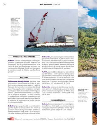 74
CONDUITES SOUS-MARINES
AuBénin,Geocean,filialed’Entrepose,apourlapre-
mière fois mis en œuvre sa nouvelle barge Geocean
Protis pour la pose de conduites sous-marines sur le
champ de Sèmè, situé dans les eaux béninoises. Les
travauxontétéréaliséspar30mdefondetincluaient
la pose d’un module de 200t sur une plate-forme
pétrolière.
PIPELINES
En Papouasie-Nouvelle-Guinée, Spiecapag, filiale
d’Entrepose, a achevé la pose de 450 km de pipe-
lines entre un nouveau champ gazier et le golfe de
Papouasie.Unchantierhorsnormesquis’estdéroulé
pourunelargepartenpleinejungle,dansunerégion
marécageuseetavecdesconditionsmétéorologiques
difficiles.Cetenvironnementextrêmen’apasempê-
ché les équipes de progresser à un très bon rythme,
ce qui a permis de commencer la production de gaz
avec5moisd’avancesurlecalendrierinitial.Àterme,
la production de gaz permettra au produit intérieur
brut du pays de doubler.
En Bolivie, Spiecapag a lancé la construction d’un
gazoduc de plus de 140km, de trois flow-lines et de
plusieurs stations de régulation dans le cadre du
développement du champ gazier d’Incahuasi-Aquio.
Cecontratreprésenteplusde260millionsdedollars.
Nos réalisations / Oil & gas
BARGE GEOCEAN
PROTIS //
INNOVATION
Longue de 120 m
et large de 33 m, la
nouvelle barge de
Geocean (Entrepose)
est pourvue d’une grue
de 520t. Elle dispose
d’une capacité
de déplacement
de 12000t
et peut héberger
240 personnes.
Découvrez le reportage consacré au chantier PNG LNG en Papouasie-Nouvelle-Guinée: http://bit.ly/1GLjrjB
En Colombie, l’entreprise a également remporté en
groupement deux contrats: le premier pour la cons-
truction de la première tranche (37km) d’un oléoduc
de 57 km à une centaine de kilomètres au sud-est
de Bogotá; le second pour la réalisation de 80km de
gazoduconshoreetde4kmdegazoducoffshoredans
le cadre d’un projet d’exploration de gaz naturel.
Au Chili, la mine d’Escondida (lire p. 42), contrôlée
par BHP Billiton, a confié à Geocean (Entrepose), en
groupement, la construction des ouvrages de prise
et de rejet en mer, dans le cadre de l’extension d’une
unité de désalinisation d’eau destinée au traitement
du minerai. Le montant global du projet s’élève à
128M€ (dont 65% pour les entités de VINCI).
En Australie, autre succès pour Spiecapag (manda-
taire),quis’estvuattribuerengroupementuncontrat
pour la construction d’un gazoduc de 300 km dans
l’État d’Australie occidentale, à environ 1000 km à
l’est de Perth.
FORAGE PÉTROLIER
En Inde, Entrepose a remporté un contrat pluri-
annuel d’une durée de 3 ans pour mener une
campagne d’exploration pétrolière dans la région
du Rajasthan, pour le compte de Cairn India Ltd.
RÉSERVOIRS GNL //
AUSTRALIE
À Wheatstone, le génie
civil des voiles et
le levage des toits
des deux réservoirs
GNL se sont achevés,
par des températures
proches des 50°C,
en plein été austral.
 