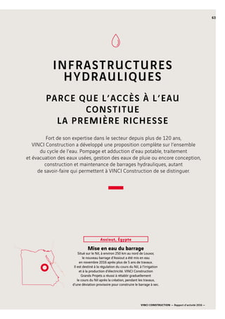 VINCI CONSTRUCTION — Rapport d’activité 2016 —
63
Mise en eau du barrage
Situé sur le Nil, à environ 250 km au nord de Louxor,
le nouveau barrage d’Assiout a été mis en eau
en novembre 2016 après plus de 5 ans de travaux.
Il est destiné à la régulation du cours du Nil, à l’irrigation
et à la production d’électricité. VINCI Construction
Grands Projets a réussi à rétablir graduellement
le cours du Nil après la création, pendant les travaux,
d’une déviation provisoire pour construire le barrage à sec.
Assiout, Égypte
INFRASTRUCTURES
HYDRAULIQUES
PARCE QUE L’ACCÈS À L’EAU
CONSTITUE
LA PREMIÈRE RICHESSE
Fort de son expertise dans le secteur depuis plus de 120 ans,
VINCI Construction a développé une proposition complète sur l’ensemble
du cycle de l’eau. Pompage et adduction d’eau potable, traitement
et évacuation des eaux usées, gestion des eaux de pluie ou encore conception,
construction et maintenance de barrages hydrauliques, autant
de savoir-faire qui permettent à VINCI Construction de se distinguer.
 