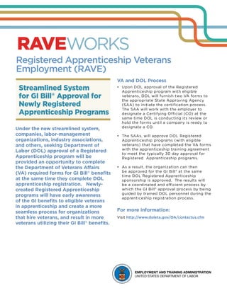 Registered Apprenticeship Veterans
Employment (RAVE)
RAVEWORKS
Under the new streamlined system,
companies, labor-management
organizations, industry associations,
and others, seeking Department of
Labor (DOL) approval of a Registered
Apprenticeship program will be
provided an opportunity to complete
the Department of Veterans Affairs
(VA) required forms for GI Bill®
benefits
at the same time they complete DOL
apprenticeship registration. Newly-
created Registered Apprenticeship
programs will have early awareness
of the GI benefits to eligible veterans
in apprenticeship and create a more
seamless process for organizations
that hire veterans, and result in more
veterans utilizing their GI Bill®
benefits.
VA and DOL Process
•	 Upon DOL approval of the Registered
Apprenticeship program with eligible
veterans, DOL will furnish two VA forms to
the appropriate State Approving Agency
(SAA) to initiate the certification process.  
The SAA will work with the employer to
designate a Certifying Official (CO) at the
same time DOL is conducting its review or
hold the forms until a company is ready to
designate a CO.  
•	 The SAAs, will approve DOL Registered
Apprenticeship programs (with eligible
veterans) that have completed the VA forms
with the apprenticeship training agreement
to meet the typically 30 day approval for
Registered  Apprenticeship programs.
•	 As a result, the organization can then
be approved for the GI Bill® at the same
time DOL Registered Apprenticeship
sponsorship is approved.  The results will
be a coordinated and efficient process by
which the GI Bill® approval process by being
guided by trained DOL personnel during the
apprenticeship registration process.
For more information:
Visit http://www.doleta.gov/OA/contactus.cfm
EMPLOYMENT AND TRAINING ADMINISTRATION
UNITED STATES DEPARTMENT OF LABOR
Streamlined System
for GI Bill®
Approval for
Newly Registered
Apprenticeship Programs
 