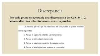 Discrepancia
Por cada grupo es aceptable una discrepancia de +2 +1 0 -1 -2.
Valores distintos volverán inconsistente la prueba.
 