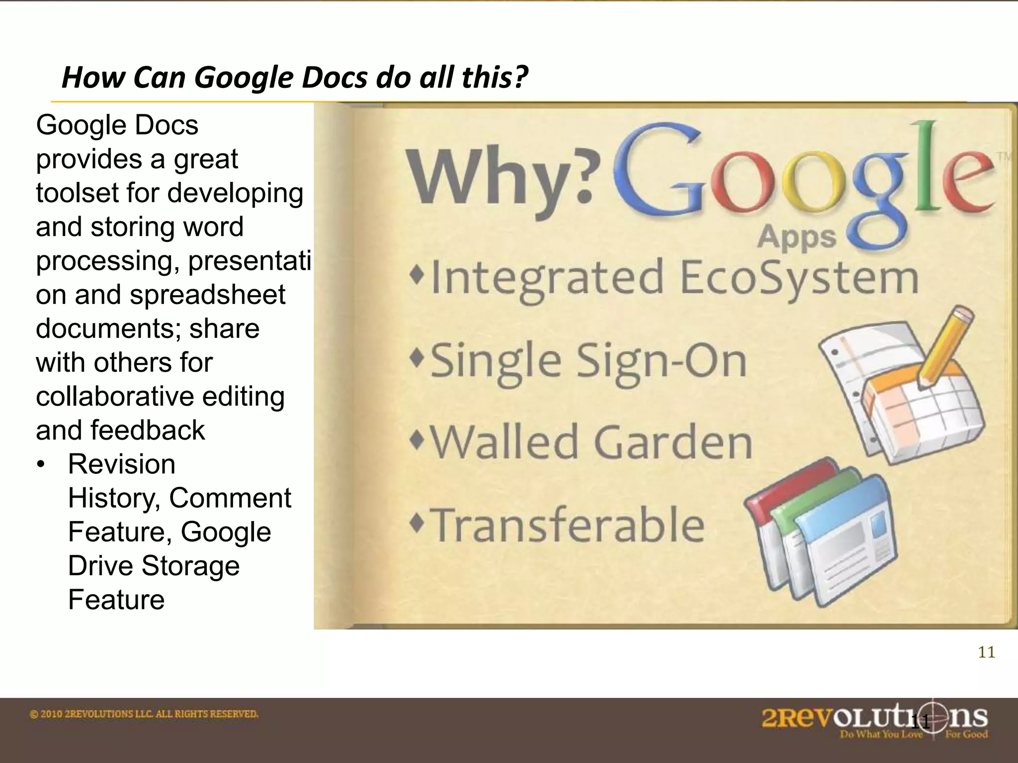 How Can Google Docs do all this?
Google Docs
provides a great
toolset for developing
and storing word
processing, presentati
on and spreadsheet
documents; share
with others for
collaborative editing
and feedback
• Revision
History, Comment
Feature, Google
Drive Storage
Feature
11

11

 