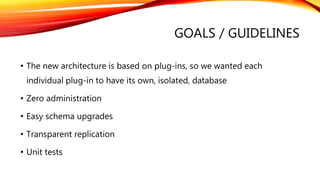 GOALS / GUIDELINES
• The new architecture is based on plug-ins, so we wanted each
individual plug-in to have its own, isolated, database
• Zero administration
• Easy schema upgrades
• Transparent replication
• Unit tests
 