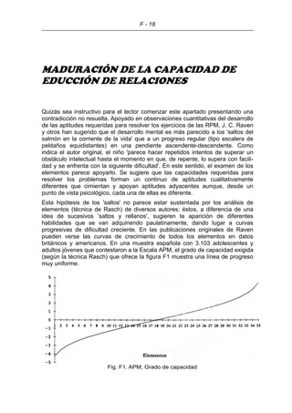 F - 18
MADURACIÓN DE LA CAPACIDAD DE
EDUCCIÓN DE RELACIONES
Quizás sea instructivo para el lector comenzar este apartado presentando una
contradicción no resuelta. Apoyado en observaciones cuantitativas del desarrollo
de las aptitudes requeridas para resolver los ejercicios de las RPM, J. C. Raven
y otros han sugerido que el desarrollo mental es más parecido a los 'saltos del
salmón en la corriente de la vida' que a un progreso regular (tipo escalera de
peldaños equidistantes) en una pendiente ascendente-descendente. Como
indica el autor original, el niño 'parece hacer repetidos intentos de superar un
obstáculo intelectual hasta el momento en que, de repente, lo supera con facili-
dad y se enfrenta con la siguiente dificultad'. En este sentido, el examen de los
elementos parece apoyarlo. Se sugiere que las capacidades requeridas para
resolver los problemas forman un continuo de aptitudes cualitativamente
diferentes que cimientan y apoyan aptitudes adyacentes aunque, desde un
punto de vista psicológico, cada una de ellas es diferente.
Esta hipótesis de los 'saltos' no parece estar sustentada por los análisis de
elementos (técnica de Rasch) de diversos autores; éstos, a diferencia de una
idea de sucesivos 'saltos y rellanos', sugieren la aparición de diferentes
habilidades que se van adquiriendo paulatinamente, dando lugar a curvas
progresivas de dificultad creciente. En las publicaciones originales de Raven
pueden verse las curvas de crecimiento de todos los elementos en datos
británicos y americanos. En una muestra española con 3.103 adolescentes y
adultos jóvenes que contestaron a la Escala APM, el grado de capacidad exigida
(según la técnica Rasch) que ofrece la figura F1 muestra una línea de progreso
muy uniforme.
 