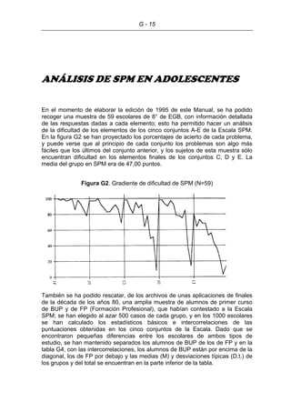 G - 15
ANÁLISIS DE SPM EN ADOLESCENTES
En el momento de elaborar la edición de 1995 de este Manual, se ha podido
recoger una muestra de 59 escolares de 8° de EGB, con información detallada
de las respuestas dadas a cada elemento; esto ha permitido hacer un análisis
de la dificultad de los elementos de los cinco conjuntos A-E de la Escala SPM.
En la figura G2 se han proyectado los porcentajes de acierto de cada problema,
y puede verse que al principio de cada conjunto los problemas son algo más
fáciles que los últimos del conjunto anterior, y los sujetos de esta muestra sólo
encuentran dificultad en los elementos finales de los conjuntos C, D y E. La
media del grupo en SPM era de 47,00 puntos.
Figura G2. Gradiente de dificultad de SPM (N=59)
También se ha podido rescatar, de los archivos de unas aplicaciones de finales
de la década de los años 80, una amplia muestra de alumnos de primer curso
de BUP y de FP (Formación Profesional), que habían contestado a la Escala
SPM; se han elegido al azar 500 casos de cada grupo, y en los 1000 escolares
se han calculado los estadísticos básicos e intercorrelaciones de las
puntuaciones obtenidas en los cinco conjuntos de la Escala. Dado que se
encontraron pequeñas diferencias entre los escolares de ambos tipos de
estudio, se han mantenido separados los alumnos de BUP de los de FP y en la
tabla G4, con las intercorrelaciones, los alumnos de BUP están por encima de la
diagonal, los de FP por debajo y las medias (M) y desviaciones típicas (D.t.) de
los grupos y del total se encuentran en la parte inferior de la tabla.
 