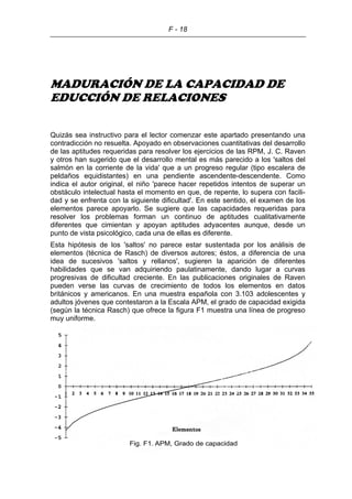 F - 18
MADURACIÓN DE LA CAPACIDAD DE
EDUCCIÓN DE RELACIONES
Quizás sea instructivo para el lector comenzar este apartado presentando una
contradicción no resuelta. Apoyado en observaciones cuantitativas del desarrollo
de las aptitudes requeridas para resolver los ejercicios de las RPM, J. C. Raven
y otros han sugerido que el desarrollo mental es más parecido a los 'saltos del
salmón en la corriente de la vida' que a un progreso regular (tipo escalera de
peldaños equidistantes) en una pendiente ascendente-descendente. Como
indica el autor original, el niño 'parece hacer repetidos intentos de superar un
obstáculo intelectual hasta el momento en que, de repente, lo supera con facili-
dad y se enfrenta con la siguiente dificultad'. En este sentido, el examen de los
elementos parece apoyarlo. Se sugiere que las capacidades requeridas para
resolver los problemas forman un continuo de aptitudes cualitativamente
diferentes que cimientan y apoyan aptitudes adyacentes aunque, desde un
punto de vista psicológico, cada una de ellas es diferente.
Esta hipótesis de los 'saltos' no parece estar sustentada por los análisis de
elementos (técnica de Rasch) de diversos autores; éstos, a diferencia de una
idea de sucesivos 'saltos y rellanos', sugieren la aparición de diferentes
habilidades que se van adquiriendo paulatinamente, dando lugar a curvas
progresivas de dificultad creciente. En las publicaciones originales de Raven
pueden verse las curvas de crecimiento de todos los elementos en datos
británicos y americanos. En una muestra española con 3.103 adolescentes y
adultos jóvenes que contestaron a la Escala APM, el grado de capacidad exigida
(según la técnica Rasch) que ofrece la figura F1 muestra una línea de progreso
muy uniforme.
 