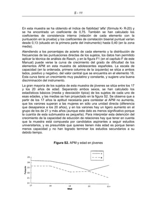 S - 11
En esta muestra se ha obtenido el índice de fiabilidad 'alfa' (fórmula K- R-20) y
se ha encontrado un coeficiente de 0,75. También se han calculado los
coeficientes de consistencia interna (relación de cada elemento con la
puntuación en la prueba) y los coeficientes de correlación biserial puntual varían
desde 0,13 (situado en la primera parte del instrumento) hasta 0,40 (en la zona
media).
Atendiendo a los porcentajes de acierto de cada elemento y la distribución de
frecuencias de las puntuaciones directas de los sujetos, los datos han permitido
aplicar la técnica de análisis de Rasch, y en la figura F1 (en el capítulo F de este
Manual) puede verse la curva de crecimiento del grado de dificultad de los
elementos APM en esta muestra de adolescentes españoles. La escala de
capacidad (en la ordenada, primera columna de la izquierda) se sitúa a ambos
lados, positivo y negativo, del valor central que se encuentra en el elemento 18.
Esta curva tiene un crecimiento muy paulatino y constante, y sugiere una buena
discriminación del instrumento.
La gran mayoría de los sujetos de esta muestra de jóvenes se sitúa entre los 17
y los 20 años de edad. Separando ambos sexos, se han calculado los
estadísticos básicos (media y desviación típica) de los sujetos de cada uno de
esas edades, y las medias se han proyectado en la figura S2. Se observa que a
partir de los 17 años la aptitud necesaria para contestar al APM no aumenta,
que los varones superan a las mujeres en sólo una unidad directa (diferencia
que desaparece a los 20 años), y en los varones hay un ligero aumento en el
grupo de los de 21 y más años (aunque este dato es menos significativo porque
la cuantía de esta submuestra es pequeña). Para interpretar esta detención del
crecimiento de la capacidad de educción de relaciones hay que tener en cuenta
que la muestra está compuesta por candidatos aspirantes a seguir estudios
universitarios, y es presumible que quienes tienen más edad es porque tienen
menos capacidad y no han logrado terminar los estudios secundarios a su
debido tiempo.
Figura S2. APM y edad en jóvenes
 