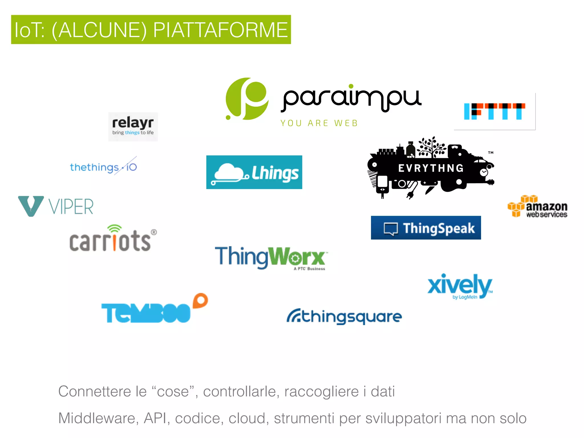 IoT: (ALCUNE) PIATTAFORME
Connettere le “cose”, controllarle, raccogliere i dati
Middleware, API, codice, cloud, strumenti per sviluppatori ma non solo
 