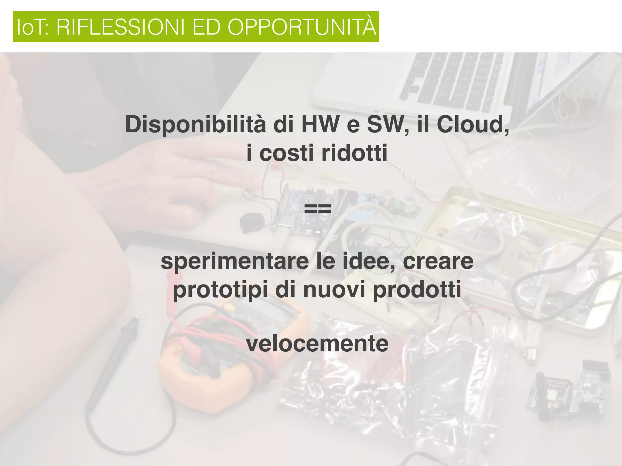 IoT: RIFLESSIONI ED OPPORTUNITÀ
Disponibilità di HW e SW, il Cloud,
i costi ridotti
==
sperimentare le idee, creare
prototipi di nuovi prodotti
velocemente
 