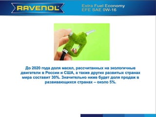 До 2020 года доля масел, рассчитанных на экологичные
двигатели в России и США, а также других развитых странах
мира составит 30%. Значительно ниже будет доля продаж в
развивающихся странах – около 5%.
 