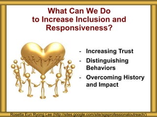 What Can We Do
to Increase Inclusion and
Responsiveness?
Rosetta Eun Ryong Lee (http://sites.google.com/site/sgsprofessionaloutreach/)
- Increasing Trust
- Distinguishing
Behaviors
- Overcoming History
and Impact
 