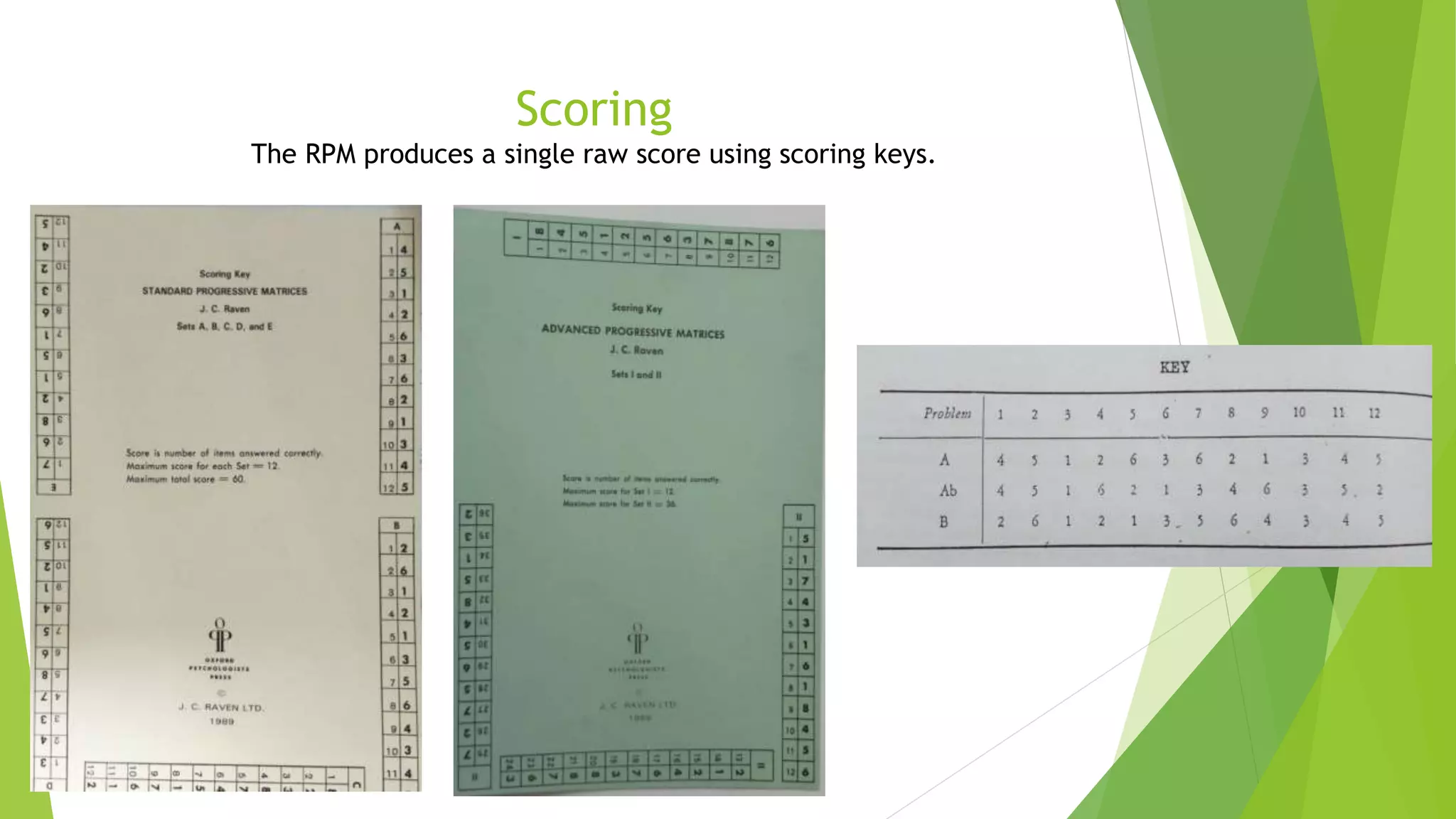 Scoring
The RPM produces a single raw score using scoring keys.
 