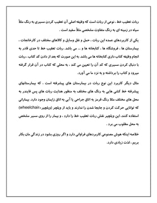 ‫نوع‬ ، ‫خط‬ ‫تعقيب‬ ‫ربات‬‫ی‬‫اصل‬ ‫وظيفه‬ ‫كه‬ ‫است‬ ‫ربات‬ ‫از‬‫ی‬‫مسير‬ ‫كردن‬ ‫تعقيب‬ ‫آن‬‫ی‬ً‫ال‬‫مث‬ ‫رنگ‬ ‫به‬
‫ا‬ ‫زمينه‬ ‫در‬ ‫سياه‬‫ی‬‫مشخص‬ ‫متفاوت‬ ‫رنگ‬ ‫به‬‫ی‬ً‫ال‬‫مث‬. ‫است‬ ‫سفيد‬
‫یک‬‫ی‬‫كاربردها‬ ‫از‬‫ی‬‫كاالها‬ ‫و‬ ‫وسایل‬ ‫نقل‬ ‫و‬ ‫حمل‬ ، ‫ربات‬ ‫این‬ ‫عمده‬‫ی‬‫كارخانجات‬ ‫در‬ ‫مختلف‬،
‫ف‬ ، ‫ها‬ ‫بيمارستان‬‫م‬ ... ‫و‬ ‫ها‬ ‫كتابخانه‬ ، ‫ها‬ ‫روشگاه‬‫ی‬‫حد‬ ‫تا‬ ‫خط‬ ‫تعقيب‬ ‫ربات‬ .‫باشد‬‫ی‬‫قا‬‫به‬ ‫در‬
‫دار‬ ‫كتاب‬ ‫وظيفه‬ ‫انجام‬‫ی‬‫م‬ ‫ها‬ ‫كتابخانه‬‫ی‬‫كتاب‬ ‫كد‬ ‫دادن‬ ‫از‬ ‫بعد‬ ‫كه‬ ‫صورت‬ ‫این‬ ‫به‬ .‫باشد‬‫ربات‬ ،
‫مسير‬ ‫كردن‬ ‫دنبال‬ ‫با‬‫ی‬‫م‬ ‫تعيين‬ ‫را‬ ‫آن‬ ‫كد‬ ‫كه‬‫ی‬‫محل‬ ‫به‬ ، ‫كند‬‫ی‬‫گرف‬ ‫قرار‬ ‫آن‬ ‫در‬ ‫كتاب‬ ‫كه‬‫ته‬
‫برداشته‬ ‫را‬ ‫كتاب‬ ‫و‬ ‫ميرود‬‫م‬ ‫ما‬ ‫نزد‬ ‫به‬ ‫و‬‫ی‬.‫آورد‬
‫ها‬ ‫بيمارستان‬ ‫در‬ ‫ربات‬ ‫نوع‬ ‫این‬ ‫كاربرد‬ ‫دیگر‬ ‫مثال‬‫ی‬‫بيمارستانها‬ ‫كه‬ ، ‫است‬ ‫پيشرفته‬‫ی‬
‫كش‬ ‫خط‬ ‫پيشرفته‬‫ی‬‫های‬‫ی‬‫ها‬ ‫رنگ‬ ‫به‬‫ی‬‫ها‬ ‫ربات‬ ‫هدایت‬ ‫منظور‬ ‫به‬ ‫مختلف‬‫ی‬‫به‬ ‫فایندر‬ ‫پس‬
‫ها‬ ‫محل‬‫ی‬‫جراح‬ ‫اتاق‬ ‫به‬ ‫قرمز‬ ‫رنگ‬ ‫مثال‬ ‫مختلف‬‫ی‬‫آب‬ ‫یا‬‫ی‬‫بي‬ .‫دارد‬ ‫وجود‬ ‫زایمان‬ ‫اتاق‬ ‫به‬‫ماران‬‫ی‬
‫توانای‬ ‫كه‬‫ی‬=‫(ویلچير‬ ‫ویلچر‬ ‫از‬ ‫باید‬ ‫و‬ ‫ندارند‬ ‫را‬ ‫شدن‬ ‫جابجا‬ ‫و‬ ‫كردن‬ ‫حركت‬wheelchair)
‫رو‬ ‫از‬ ‫را‬ ‫بيمار‬ ‫و‬ ، ‫دارد‬ ‫را‬ ‫خط‬ ‫تعقيب‬ ‫ربات‬ ‫نقش‬ ‫ویلچير‬ ‫این‬ ،‫كنند‬ ‫استفاده‬‫ی‬‫مش‬ ‫مسير‬‫خص‬
‫م‬ ‫مطلوب‬ ‫محل‬ ‫به‬‫ی‬. ‫برد‬
‫خالصه‬‫مصنوعی‬ ‫هوش‬ ‫اینکه‬‫كاربردها‬‫ی‬‫روز‬ ‫اگر‬ ‫و‬ ‫دارد‬ ‫فراوانی‬‫ی‬‫د‬ ‫بشود‬‫ما‬ ‫زندگی‬ ‫ر‬‫بکا‬ ‫ن‬‫ر‬
، ‫بریم‬‫زیادی‬ ‫لذت‬.‫دارد‬
 