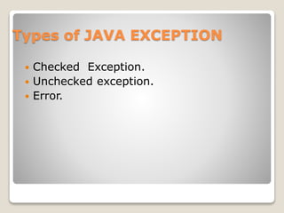 Types of JAVA EXCEPTION
 Checked Exception.
 Unchecked exception.
 Error.
 