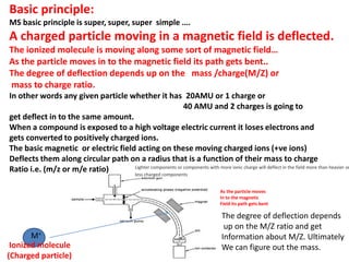 Basic principle:
MS basic principle is super, super, super simple ….
A charged particle moving in a magnetic field is deflected.
The ionized molecule is moving along some sort of magnetic field…
As the particle moves in to the magnetic field its path gets bent..
The degree of deflection depends up on the mass /charge(M/Z) or
mass to charge ratio.
In other words any given particle whether it has 20AMU or 1 charge or
40 AMU and 2 charges is going to
get deflect in to the same amount.
When a compound is exposed to a high voltage electric current it loses electrons and
gets converted to positively charged ions.
The basic magnetic or electric field acting on these moving charged ions (+ve ions)
Deflects them along circular path on a radius that is a function of their mass to charge
Ratio i.e. (m/z or m/e ratio)
M+
Ionized molecule
(Charged particle)
As the particle moves
In to the magnetic
Field its path gets bent
The degree of deflection depends
up on the M/Z ratio and get
Information about M/Z. Ultimately
We can figure out the mass.
Lighter components or components with more ionic charge will deflect in the field more than heavier or
less charged components
 