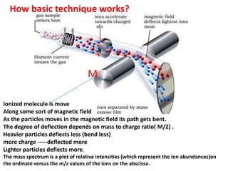 How basic technique works?
M
Ionized molecule is move
Along some sort of magnetic field
As the particles moves in the magnetic field its path gets bent.
The degree of deflection depends on mass to charge ratio( M/Z) .
Heavier particles deflects less (bend less)
more charge -----deflected more
Lighter particles deflects more.
The mass spectrum is a plot of relative intensities (which represent the ion abundances)on
the ordinate versus the m/z values of the ions on the abscissa.
 