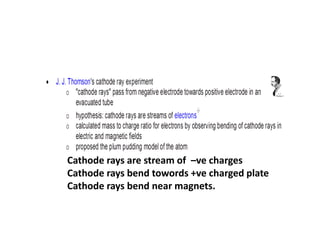 Cathode rays are stream of –ve charges
Cathode rays bend towords +ve charged plate
Cathode rays bend near magnets.
 