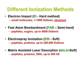 Different Ionization Methods
• Electron Impact (EI - Hard method)
– small molecules, 1-1000 Daltons, structure
• Fast Atom Bombardment (FAB – Semi-hard)
– peptides, sugars, up to 6000 Daltons
• Electrospray Ionization (ESI - Soft)
– peptides, proteins, up to 200,000 Daltons
• Matrix Assisted Laser Desorption (MALDI-Soft)
– peptides, proteins, DNA, up to 500 kD
 