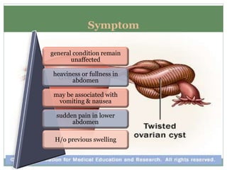 Symptom
general condition remain
unaffected
heaviness or fullness in
abdomen
may be associated with
vomiting & nausea
sudden pain in lower
abdomen
H/o previous swelling
 