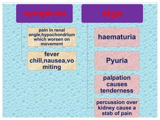 symptom
pain in renal
angle,hypochondrium
which worsen on
movement
fever
chill,nausea,vo
miting
sign
haematuria
Pyuria
palpation
causes
tenderness
percussion over
kidney cause a
stab of pain
 