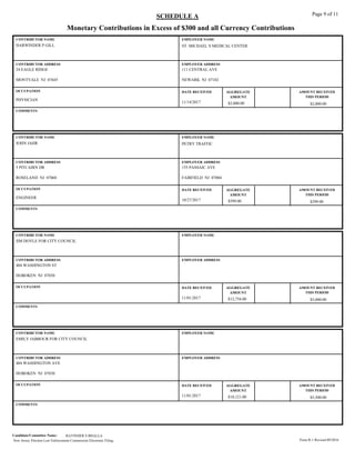 Monetary Contributions in Excess of $300 and all Currency Contributions
SCHEDULE A Page 9 of 11
HARWINDER P GILL
EMPLOYER NAME
CONTRIBUTOR ADDRESS EMPLOYER ADDRESS
MONTVALE NJ 07645 NEWARK NJ 07102
DATE RECEIVED AMOUNT RECEIVED
THIS PERIOD
OCCUPATION AGGREGATE
AMOUNT
CONTRIBUTOR NAME
111 CENTRAL AVE24 EAGLE RIDGE
$2,000.00
ST. MICHAEL`S MEDICAL CENTER
$2,000.0011/14/2017
COMMENTS
PHYSICIAN
JOHN JAHR
EMPLOYER NAME
CONTRIBUTOR ADDRESS EMPLOYER ADDRESS
ROSELAND NJ 07068 FAIRFIELD NJ 07004
DATE RECEIVED AMOUNT RECEIVED
THIS PERIOD
OCCUPATION AGGREGATE
AMOUNT
CONTRIBUTOR NAME
155 PASSAIC AVE5 PITCAIRN DR
$299.00
PETRY TRAFFIC
$599.0010/27/2017
COMMENTS
ENGINEER
JIM DOYLE FOR CITY COUNCIL
EMPLOYER NAME
CONTRIBUTOR ADDRESS EMPLOYER ADDRESS
HOBOKEN NJ 07030
DATE RECEIVED AMOUNT RECEIVED
THIS PERIOD
OCCUPATION AGGREGATE
AMOUNT
CONTRIBUTOR NAME
404 WASHINGTON ST
$5,000.00$12,754.0011/01/2017
COMMENTS
EMILY JABBOUR FOR CITY COUNCIL
EMPLOYER NAME
CONTRIBUTOR ADDRESS EMPLOYER ADDRESS
HOBOKEN NJ 07030
DATE RECEIVED AMOUNT RECEIVED
THIS PERIOD
OCCUPATION AGGREGATE
AMOUNT
CONTRIBUTOR NAME
404 WASHINGTON AVE
$5,500.00$18,121.0011/01/2017
COMMENTS
New Jersey Election Law Enforcement Commission Electronic Filing.
Candidate/Committee Name: RAVINDER S BHALLA
Form R-1 Revised 09/2016
 