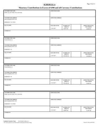 Monetary Contributions in Excess of $300 and all Currency Contributions
SCHEDULE A Page 10 of 11
JOHN ALLEN FOR CITY COUNCIL
EMPLOYER NAME
CONTRIBUTOR ADDRESS EMPLOYER ADDRESS
HOBOKEN NJ 07030
DATE RECEIVED AMOUNT RECEIVED
THIS PERIOD
OCCUPATION AGGREGATE
AMOUNT
CONTRIBUTOR NAME
404 WASHINGTON AVE
$8,000.00$9,997.4811/01/2017
COMMENTS
TEAM BHALLA
EMPLOYER NAME
CONTRIBUTOR ADDRESS EMPLOYER ADDRESS
HOBOKEN NJ
DATE RECEIVED AMOUNT RECEIVED
THIS PERIOD
OCCUPATION AGGREGATE
AMOUNT
CONTRIBUTOR NAME
404 WASHINGTON AVE
$10,000.00$53,603.6411/01/2017
COMMENTS
TEAM BHALLA
EMPLOYER NAME
CONTRIBUTOR ADDRESS EMPLOYER ADDRESS
HOBOKEN NJ
DATE RECEIVED AMOUNT RECEIVED
THIS PERIOD
OCCUPATION AGGREGATE
AMOUNT
CONTRIBUTOR NAME
404 WASHINGTON AVE
$3,603.64$53,603.6411/22/2017
COMMENTS
JOHN ALLEN FOR CITY COUNCIL
EMPLOYER NAME
CONTRIBUTOR ADDRESS EMPLOYER ADDRESS
HOBOKEN NJ 07030
DATE RECEIVED AMOUNT RECEIVED
THIS PERIOD
OCCUPATION AGGREGATE
AMOUNT
CONTRIBUTOR NAME
404 WASHINGTON AVE
$1,997.48$9,997.4811/22/2017
COMMENTS
New Jersey Election Law Enforcement Commission Electronic Filing.
Candidate/Committee Name: RAVINDER S BHALLA
Form R-1 Revised 09/2016
 