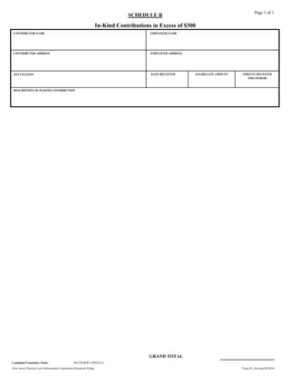 SCHEDULE B
In-Kind Contributions in Excess of $300
Page 1 of 1
EMPLOYER NAMECONTRIBUTOR NAME
CONTRIBUTOR ADDRESS EMPLOYER ADDRESS
DATE RECEIVED AMOUNT RECEIVED
THIS PERIOD
AGGREGATE AMOUNTOCCUPATION
DESCRIPTION OF IN-KIND CONTRIBUTION
GRAND TOTAL
New Jersey Election Law Enforcement Commission Electronic Filing.
Candidate/Committee Name: RAVINDER S BHALLA
Form R-1 Revised 09/2016
 