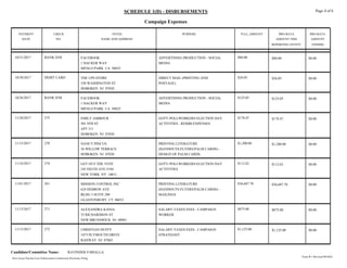 SCHEDULE 1(D) - DISBURSEMENTS
Campaign Expenses
PAYMENT CHECK PAYEE PRO-RATA
DATE NO. AMOUNT THISNAME AND ADDRESS
PURPOSE FULL AMOUNT PRO-RATA
AMOUNT
REPORTING ENTITY OTHERS
Page 4 of 6
10/31/2017 BANK D/M FACEBOOK
1 HACKER WAY
MENLO PARK CA 94025
ADVERTISING PRODUCTION - SOCIAL
MEDIA
$80.00$80.00 $0.00
10/30/2017 DEBIT CARD THE UPS STORE
330 WASHINGTON ST
HOBOKEN NJ 07030
DIRECT MAIL (PRINTING AND
POSTAGE)
$26.05$26.05 $0.00
10/26/2017 BANK D/M FACEBOOK
1 HACKER WAY
MENLO PARK CA 94025
ADVERTISING PRODUCTION - SOCIAL
MEDIA
$125.05$125.05 $0.00
11/20/2017 275 EMILY JABBOUR
501 9TH ST
APT 311
HOBOKEN NJ 07030
GOTV-POLLWORKERS-ELECTION DAY
ACTIVITIES - REIMB EXPENSES
$178.47$178.47 $0.00
11/13/2017 270 NANCY PINCUS
36 WILLOW TERRACE
HOBOKEN NJ 07030
PRINTING LITERATURE
(HANDOUTS-FLYERS/PALM CARDS) -
DESIGN OF PALM CARDS
$1,200.00$1,200.00 $0.00
11/16/2017 274 GET OUT THE VOTE
245 EIGTH AVE #184
NEW YORK NY 10011
GOTV-POLLWORKERS-ELECTION DAY
ACTIVITIES
$112.62$112.62 $0.00
11/01/2017 261 MISSION CONTROL INC
624 HEBRON AVE
BLDG 3 SUITE 200
GLASTONBURY CT 06033
PRINTING LITERATURE
(HANDOUTS-FLYERS/PALM CARDS) -
MAILINGS
$36,687.70$36,687.70 $0.00
11/13/2017 271 ALEXANDRA KANIA
35 RICHARDSON ST
NEW BRUNSWICK NJ 08901
SALARY-TAXES-FEES - CAMPAIGN
WORKER
$875.00$875.00 $0.00
11/13/2017 272 CHRISTIAN DUFFY
1073 PLYMOUTH DRIVE
RAHWAY NJ 07065
SALARY-TAXES-FEES - CAMPAIGN
STRATEGIST
$1,125.00$1,125.00 $0.00
New Jersey Election Law Enforcement Commission Electronic Filing.
Candidate/Committee Name: RAVINDER S BHALLA
Form R-1 Revised 09/2016
 