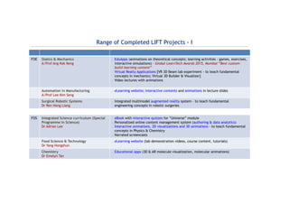 Range of Completed LIFT Projects - I
FOE Statics & Mechanics
A/Prof Ang Kok Keng
- EduApps (animations on theoretical concepts; learning activities - games, exercises,
interactive simulations) – Global LearnTech Awards 2015, Mumbai “Best custom-
build learning content”
- Virtual Realty Applications [VR 3D Beam lab experiment - to teach fundamental
concepts in mechanics; Virtual 3D Builder & Visualizer]
- Video lectures with animations
Automation in Manufacturing
A/Prof Lee Kim Seng
- eLearning website; Interactive contents and animations in lecture slides
Surgical Robotic Systems
Dr Ren Hong Liang
- Integrated multimodel augmented reality system – to teach fundamental
engineering concepts in robotic surgeries
FOS Integrated Science curriculum (Special
Programme in Science)
Dr Adrian Lee
- eBook with interactive quizzes for “Universe” module
- Personalized online content management system (authoring & data analytics)
- Interactive animations, 2D visualizations and 3D animations - to teach fundamental
concepts in Physics & Chemistry
- Narrated screencasts
Food Science & Technology
Dr Yang Hongshun
- eLearning website (lab demonstration videos, course content, tutorials)
Chemistry
Dr Emelyn Tan
- Educational apps (3D & AR molecule visualization, molecular animations)
 