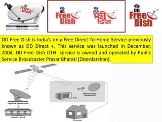 DD Free Dish is India's only Free Direct-To-Home Service previously
known as DD Direct +. This service was launched in December,
2004. DD Free Dish DTH service is owned and operated by Public
Service Broadcaster Prasar Bharati (Doordarshan).
 