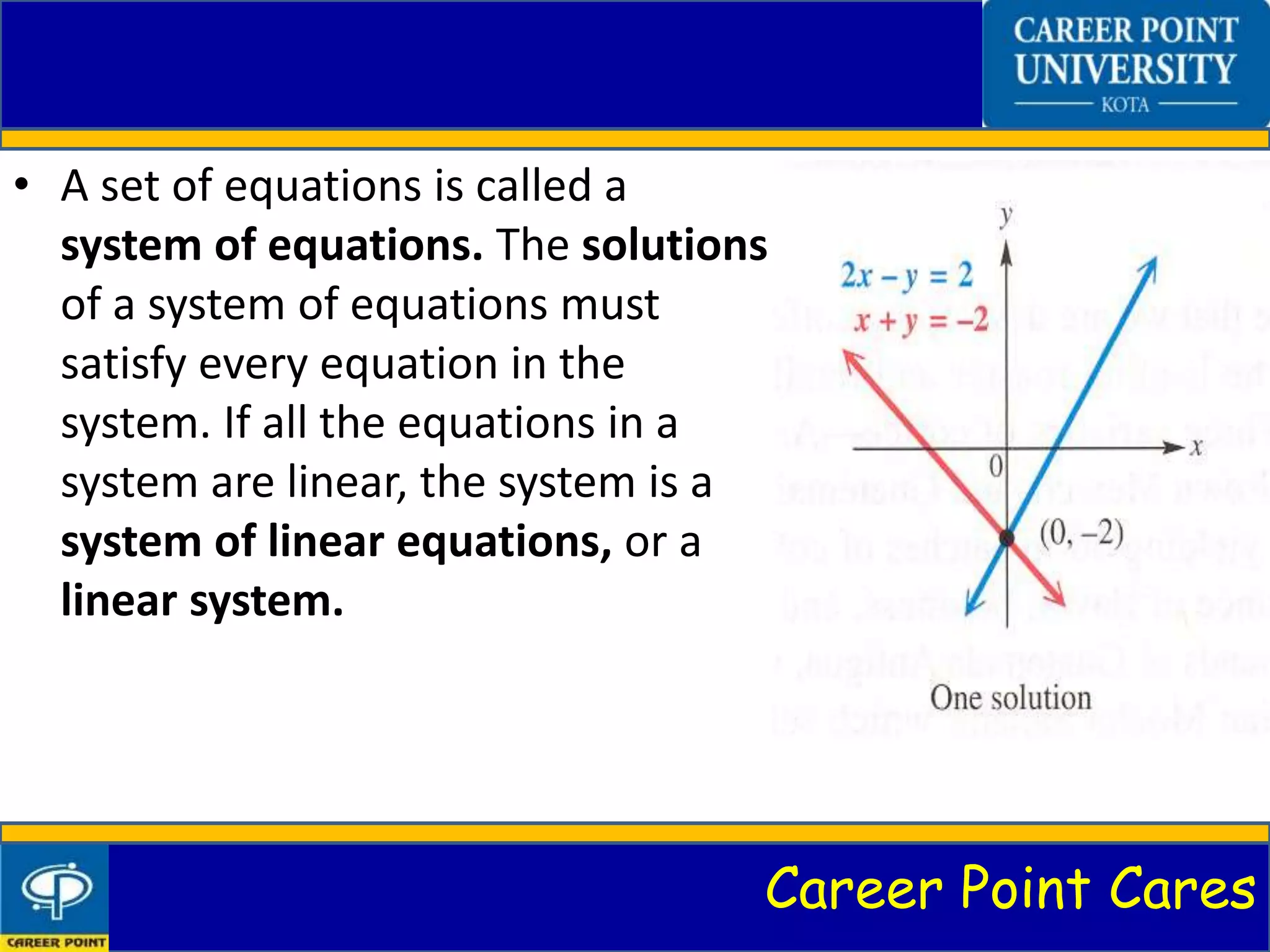 Career Point Cares
• A set of equations is called a
system of equations. The solutions
of a system of equations must
satisfy every equation in the
system. If all the equations in a
system are linear, the system is a
system of linear equations, or a
linear system.
 