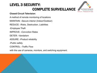 LEVEL 3 SECURITY:
COMPLETE SURVEILLANCE
Closed Circuit Television:
A method of remote monitoring of locations
MAINTAIN: -Secure interior (Indoor/Outdoor)
REDUCE: -Risks, Destruction, Liabilities
-Employee Theft
IMPROVE: -Conviction Rates
DETER: -Vandalism
ASSURE: -Product reliability
-Public safety
CONTROL: -Traffic Flow
with the use of cameras, monitors, and switching equipment.
 