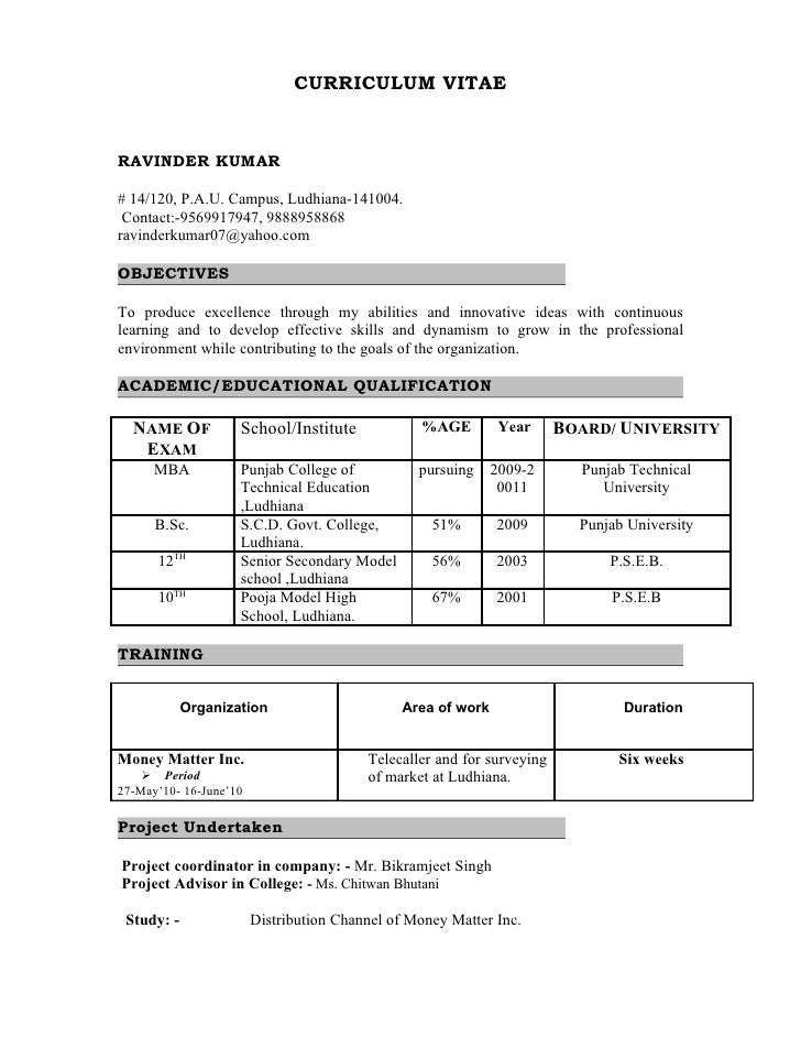 resume format table