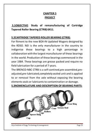 Arya Institute of Engg. Technology & management Page 33
CHAPTER 5
PROJECT
5.1OBJECTIVE: Study of remanufacturing of Cartridge
Tapered Roller Bearing (CTRB) 6X11.
5.2CARTRIDGE TAPERED ROLLER BEARING (CTRB):
For fitment to the new BOX-IN Updated Wagons designed by
the RDSO. NEI is the only manufacturer in the country to
indigenise these bearings to a high percentage in
collaboration withthe largest manufacturer of these bearings
in the world. Production of these bearings commenced in the
year 1984. These bearings are grease packed and require no
field lubrication for a period of 7 years.
The BRENCO-NBC CTRB is a self-contined,pre-assembled,pre-
adjusted,pre-lubricated,completelysealed unit and is applied
to or removal from the axle without exposing the bearing
elements seals or lubricants to contamination or damage.
5.3NOMENCLATURE AND DESCRIPTION OF BEARING PARTS:
 