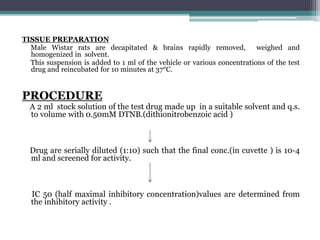 TISSUE PREPARATION
Male Wistar rats are decapitated & brains rapidly removed, weighed and
homogenized in solvent.
This suspension is added to 1 ml of the vehicle or various concentrations of the test
drug and reincubated for 10 minutes at 37°C.
PROCEDURE
A 2 ml stock solution of the test drug made up in a suitable solvent and q.s.
to volume with 0.50mM DTNB.(dithionitrobenzoic acid )
Drug are serially diluted (1:10) such that the final conc.(in cuvette ) is 10-4
ml and screened for activity.
IC 50 (half maximal inhibitory concentration)values are determined from
the inhibitory activity .
 