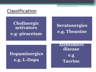 Classification
Cholinergic
activators
e.g- piracetam
Seratonergics
e.g. Theanine
Dopaminergics
e.g. L-Dopa
Alzheimers
disease
e.g
Tacrine
 