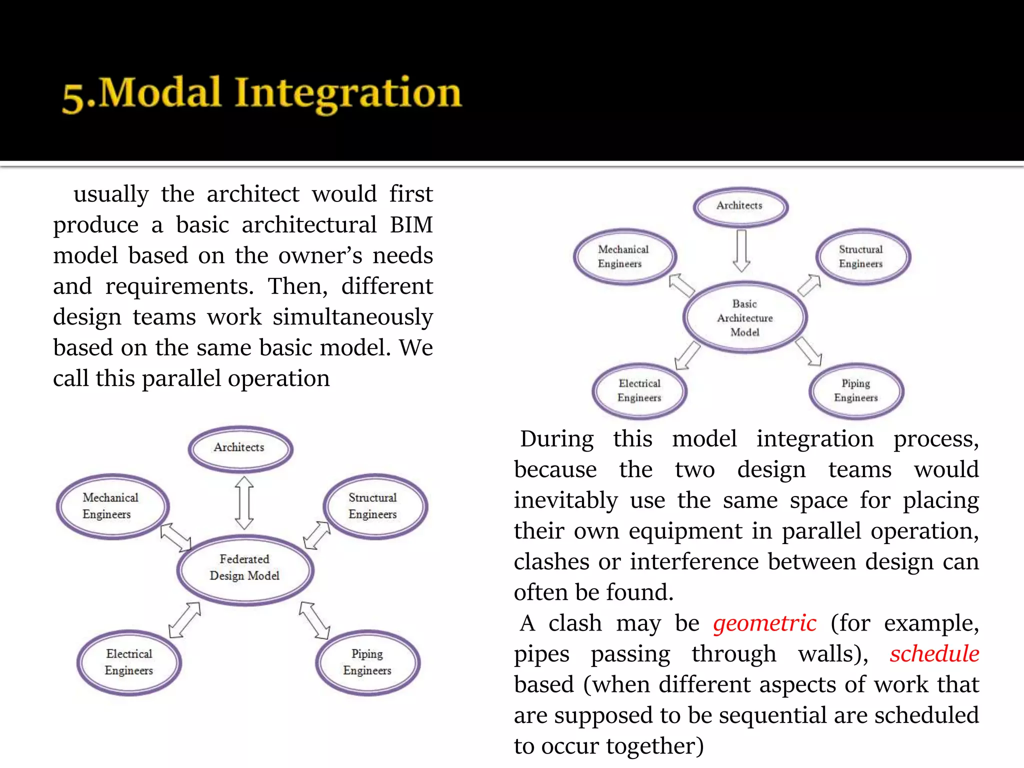 usually the architect would first
produce a basic architectural BIM
model based on the owner’s needs
and requirements. Then, different
design teams work simultaneously
based on the same basic model. We
call this parallel operation
During this model integration process,
because the two design teams would
inevitably use the same space for placing
their own equipment in parallel operation,
clashes or interference between design can
often be found.
A clash may be geometric (for example,
pipes passing through walls), schedule
based (when different aspects of work that
are supposed to be sequential are scheduled
to occur together)
 