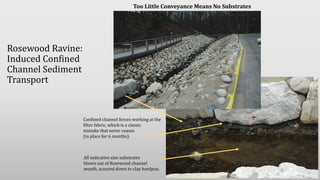 Rosewood Ravine:
Induced Confined
Channel Sediment
Transport
Too Little Conveyance Means No Substrates
All indicative size substrates
blown out of Rosewood channel
mouth, scoured down to clay hardpan.
Confined channel forces working at the
filter fabric, which is a classic
mistake that never ceases
(in place for 6 months).
 